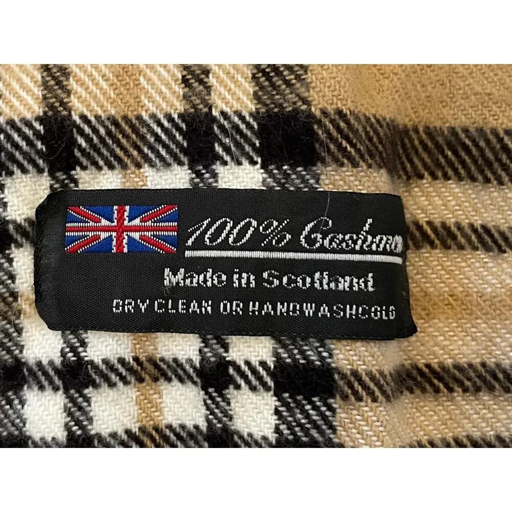 Cashmere Scarf, Tan Plaid Nova Check, Fringe, Made in Scotland, Unisex, 12 x 68